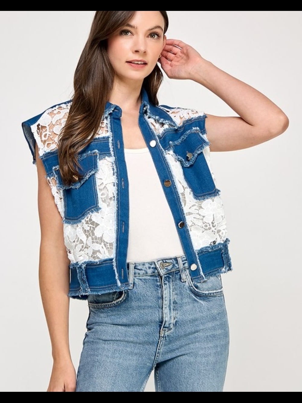 Lace-Panel Denim Vest - Blue/White